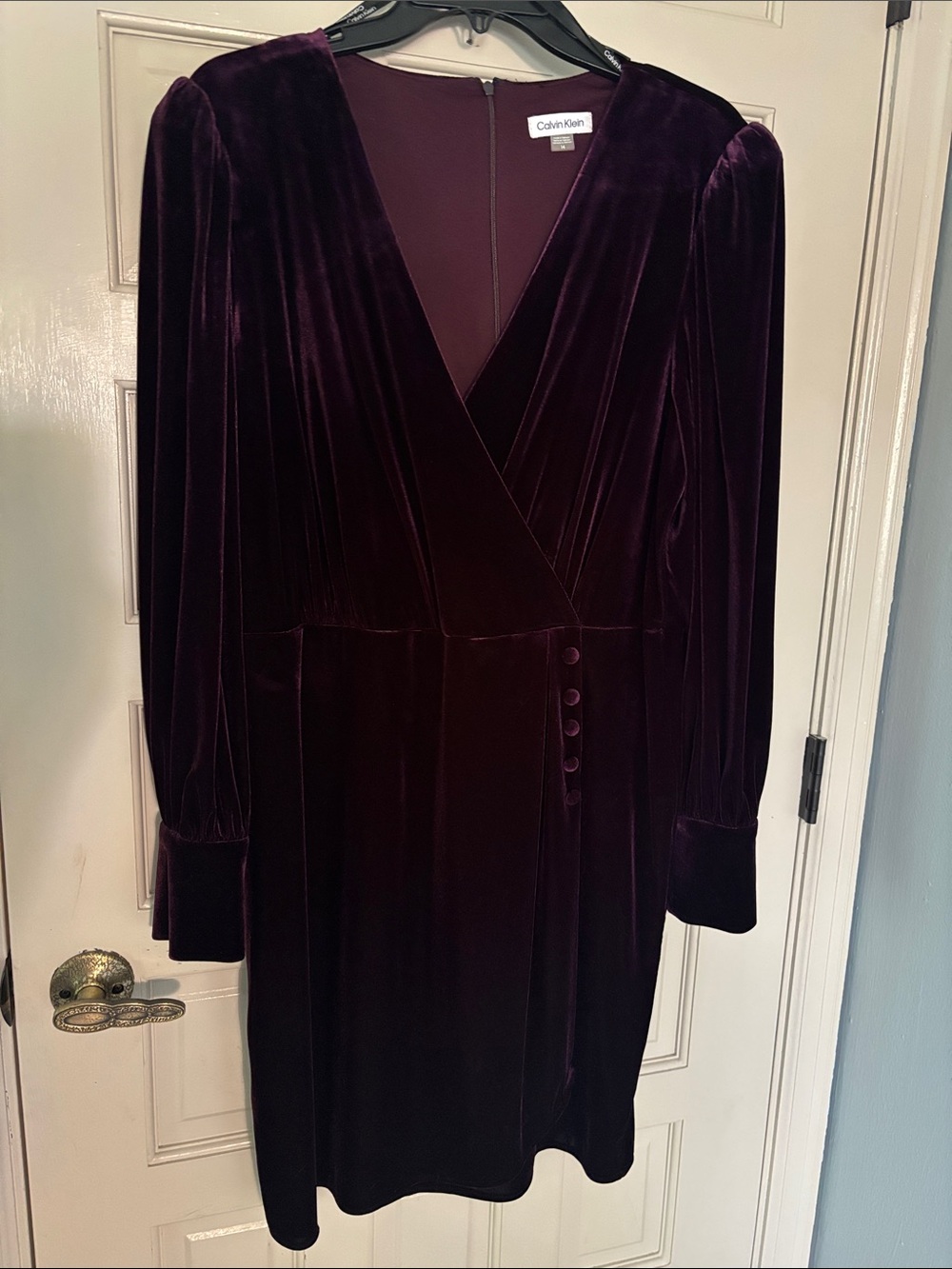 Calvin Klein Deep Plum Velvet Long-Sleeve Wrap Dress